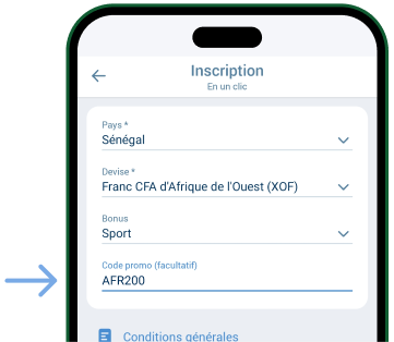 Inscrivez le code promo AFR200 Télécharger 1xBet Original